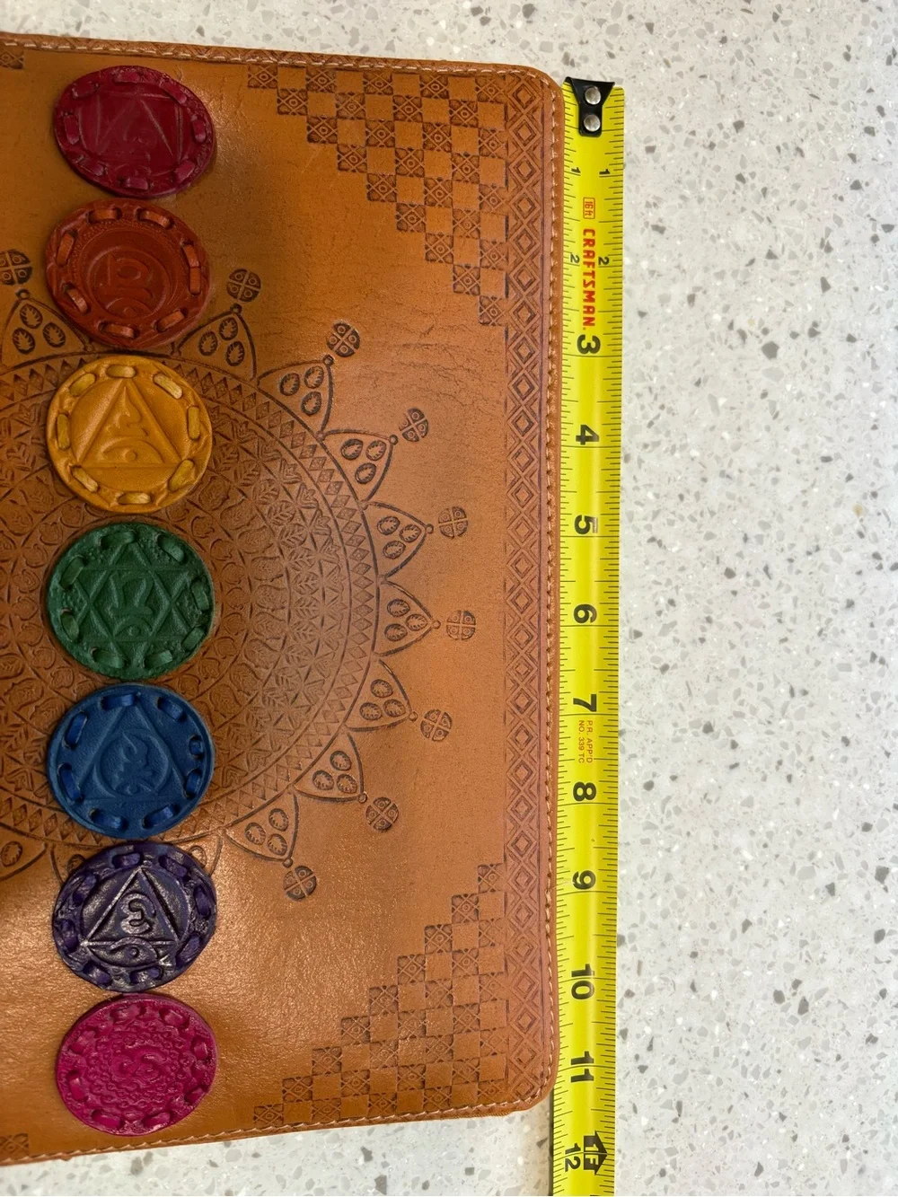 NEW  Chakra Embossed Leather IPad/Tablet Cover - Brown with Multicolor Discs
